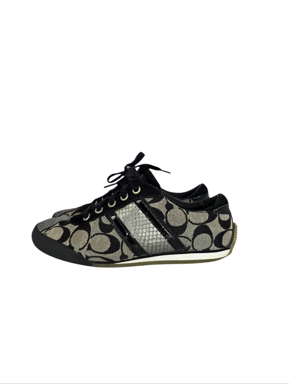 Coach Women's Meagan Black Metallic Silver C- Signature Logo Sneakers Size 7 M